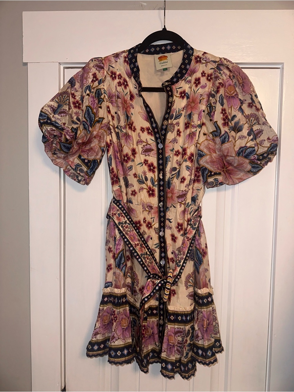 Farm Rio Size Small Floral Cotton-Blend Short Dress with BeadedBelt - Pink Flora - Picture 2 of 14